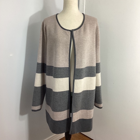 TALBOTS PLUS 2X PURE MERINO WOOL OPEN FRONT LONG CARDIGAN BEIGE GRAY STRIPES - Picture 1 of 13